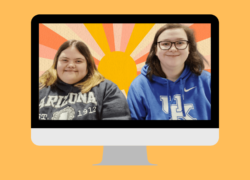 Callie and Sara sit together, surrounded by a computer monitor with a paper-like sunburst behind them.