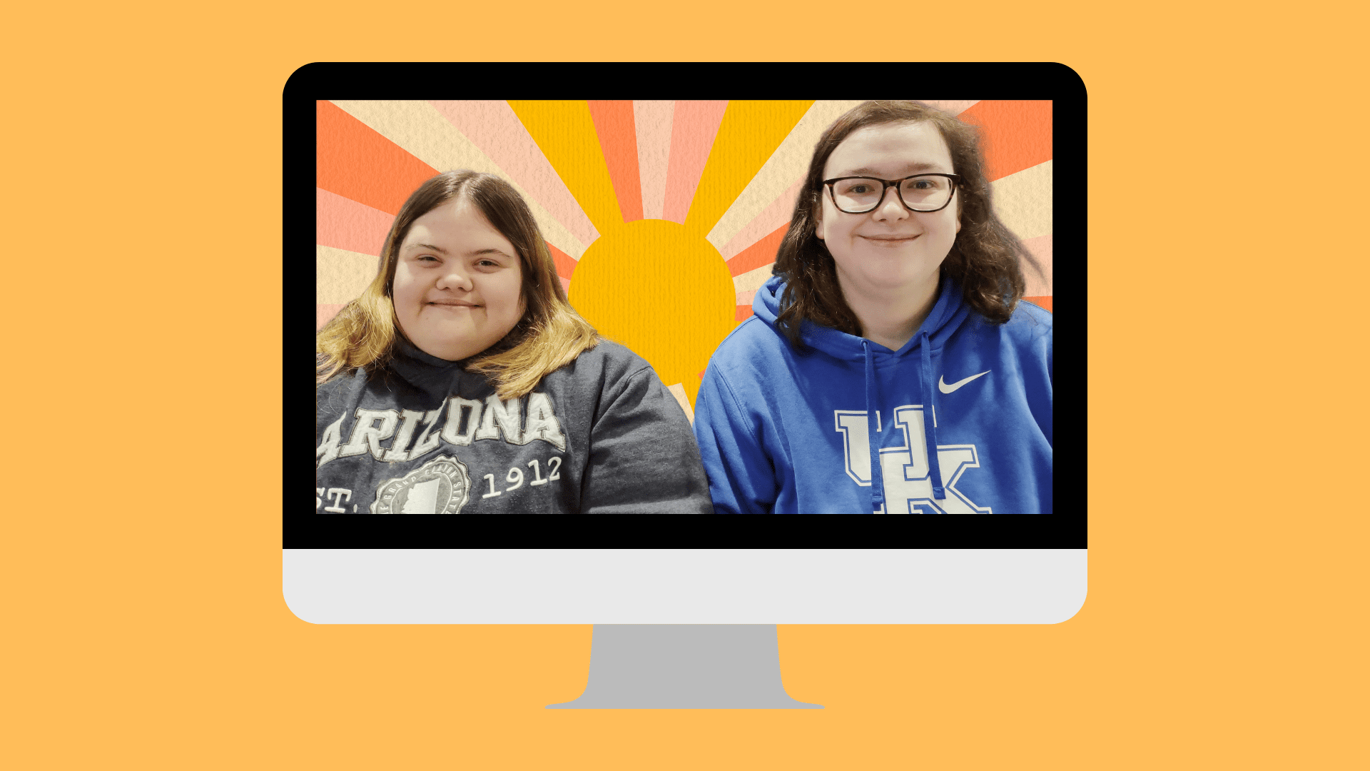 Callie and Sara sit together, surrounded by a computer monitor with a paper-like sunburst behind them.