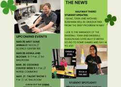 SHEP Newsletter from NKU is printed in shades of green. Several shamrocks are placed throughout. The newsletter features several student images, as well as a description (in image) of their activities on campus.