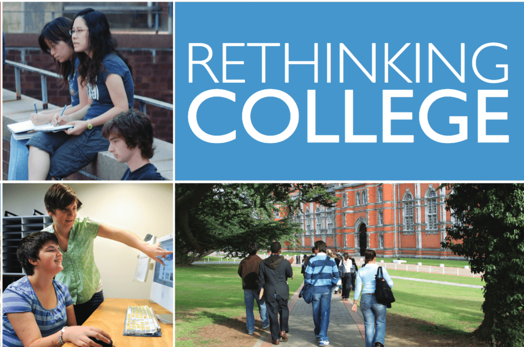 ThinkCollege teaser includes three images of students with disabilities on campus and the title, Rethinking College in bold white lettering over a blue backgroun.