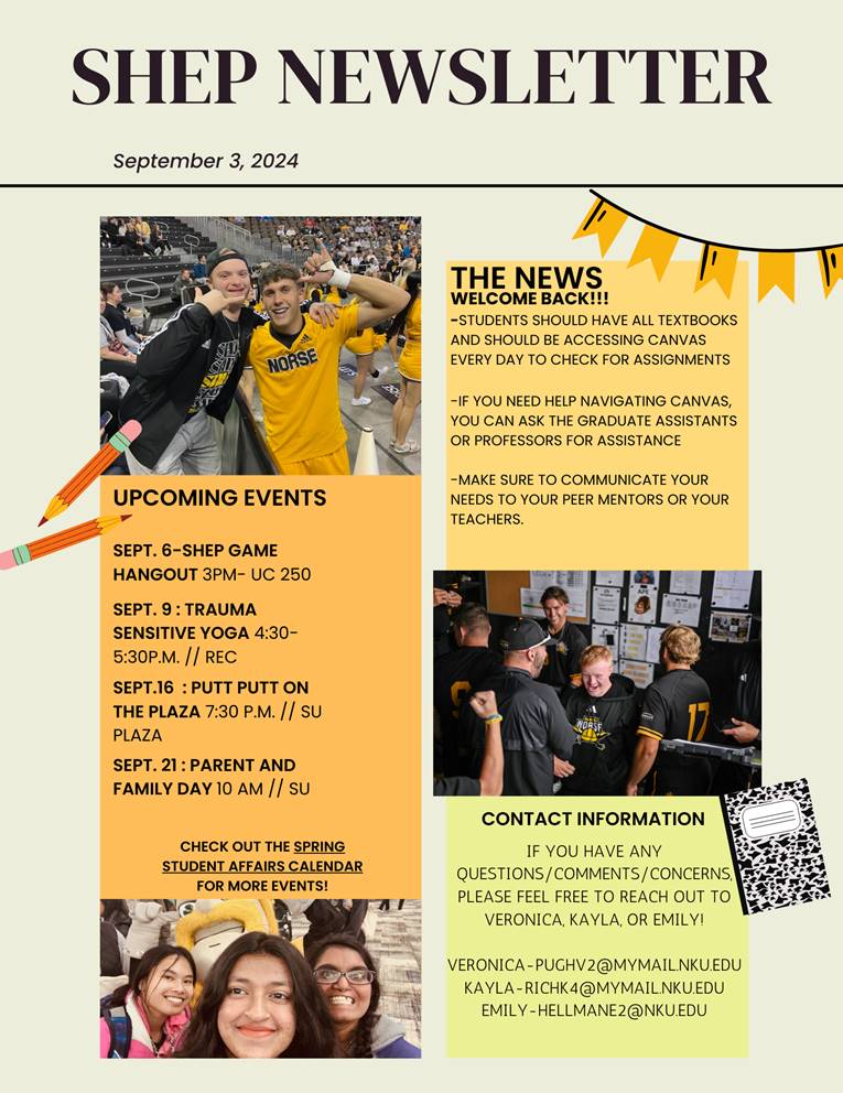 SHEP Newsletter with upcoming events, a welcome back, and contact information.