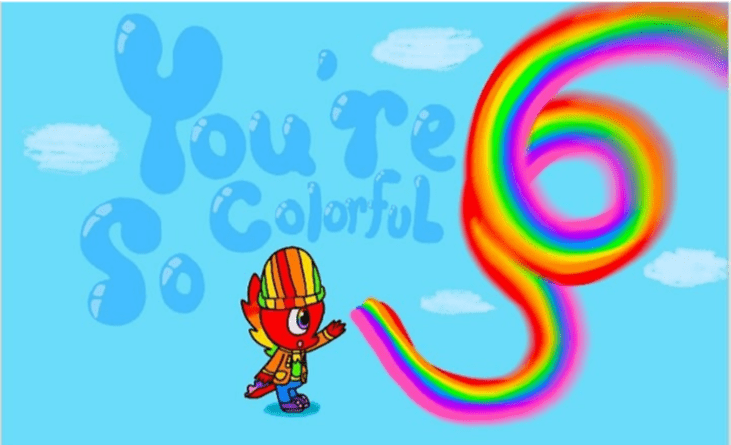 Xins Dinofriend in rainbow colors is holding the end of a rainbow. In the background you can see the words You're So Colorful.