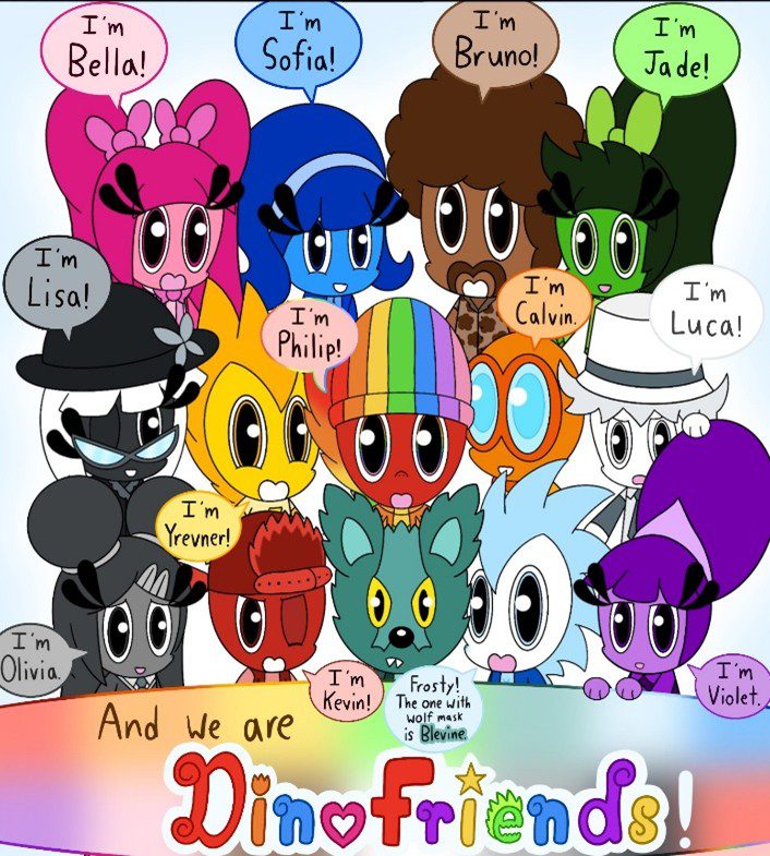 All the dino friends are pictured with speech bubbles introducing themselves. Below them it states We are Dinofriends.