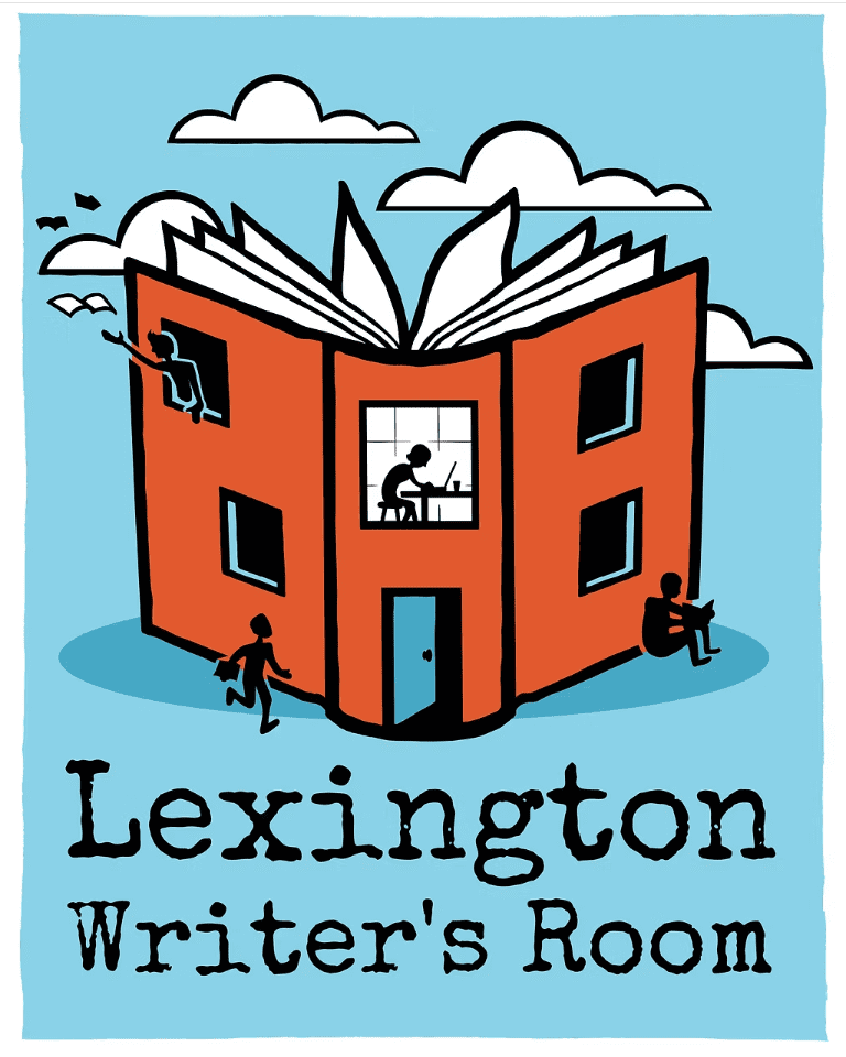 The Lexington Writers Room logo is a blue background with an orange book illustrated like a two-story house. Within the book-house there are people in various stages of reading and writing.